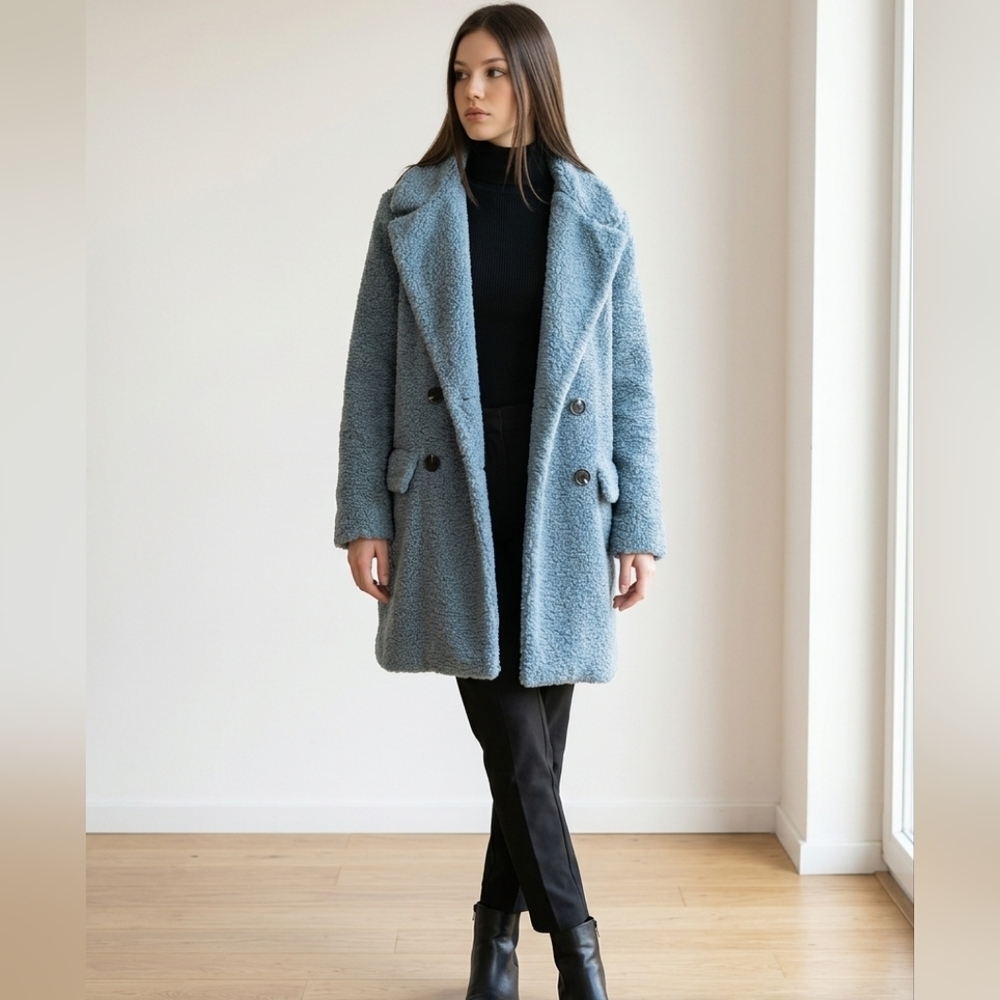 Forever 21 Contemporary Boucle Style Slate Blue Coat Sz XL w Pockets